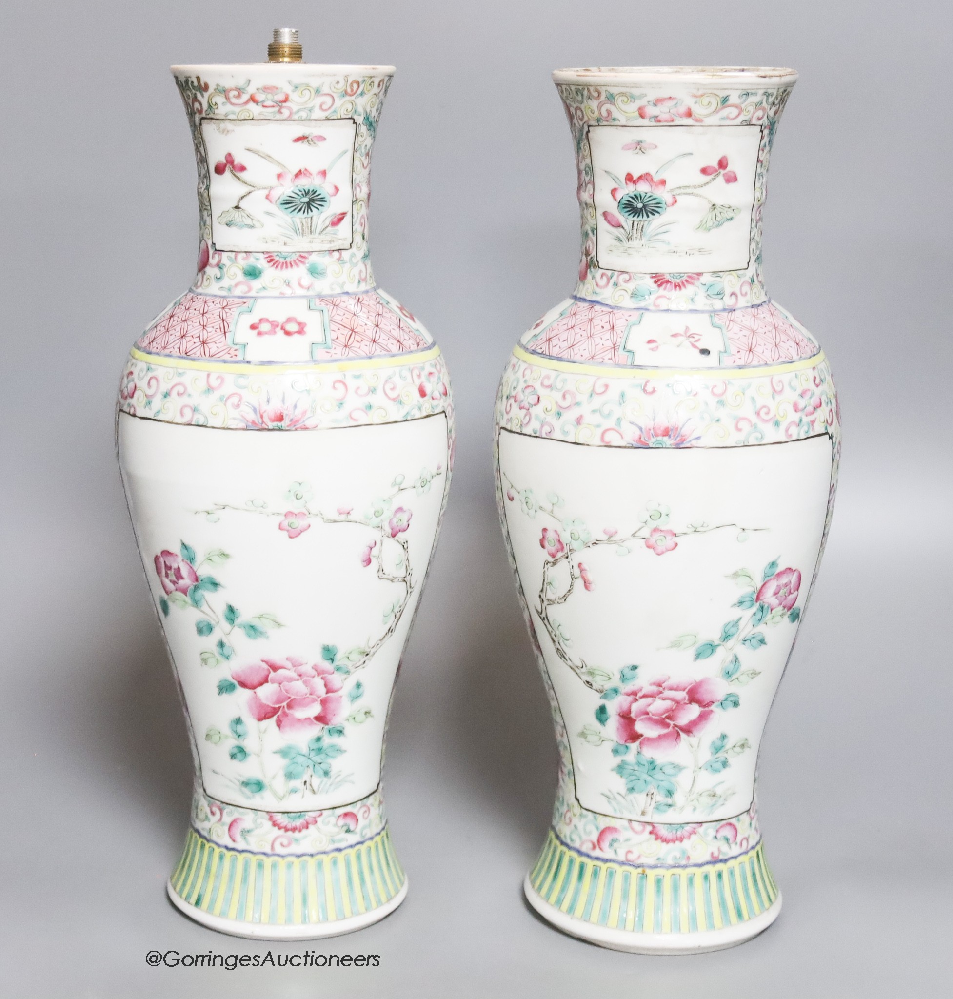 A pair of 19th century Chinese famille rose vases- ex lamp bases, height 31.5cm